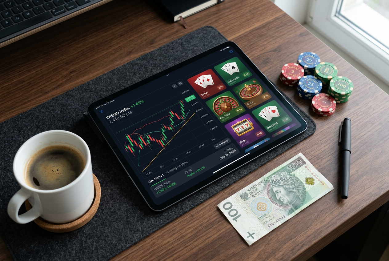 Analityczne spojrzenie na gry kasynowe na pieniądze - tablet z wykresami finansowymi i żetony