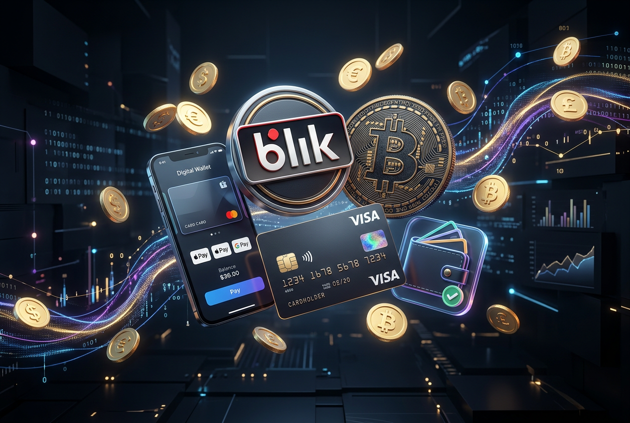 Kolaż logotypów bezpiecznych metod płatności takich jak BLIK, Skrill, Bitcoin i Visa