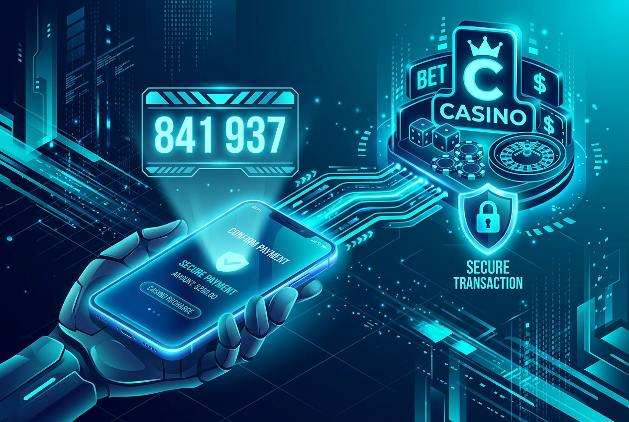 Modern smartphone displaying a secure 6-digit BLIK payment code next to a casino interface with data stream visualization