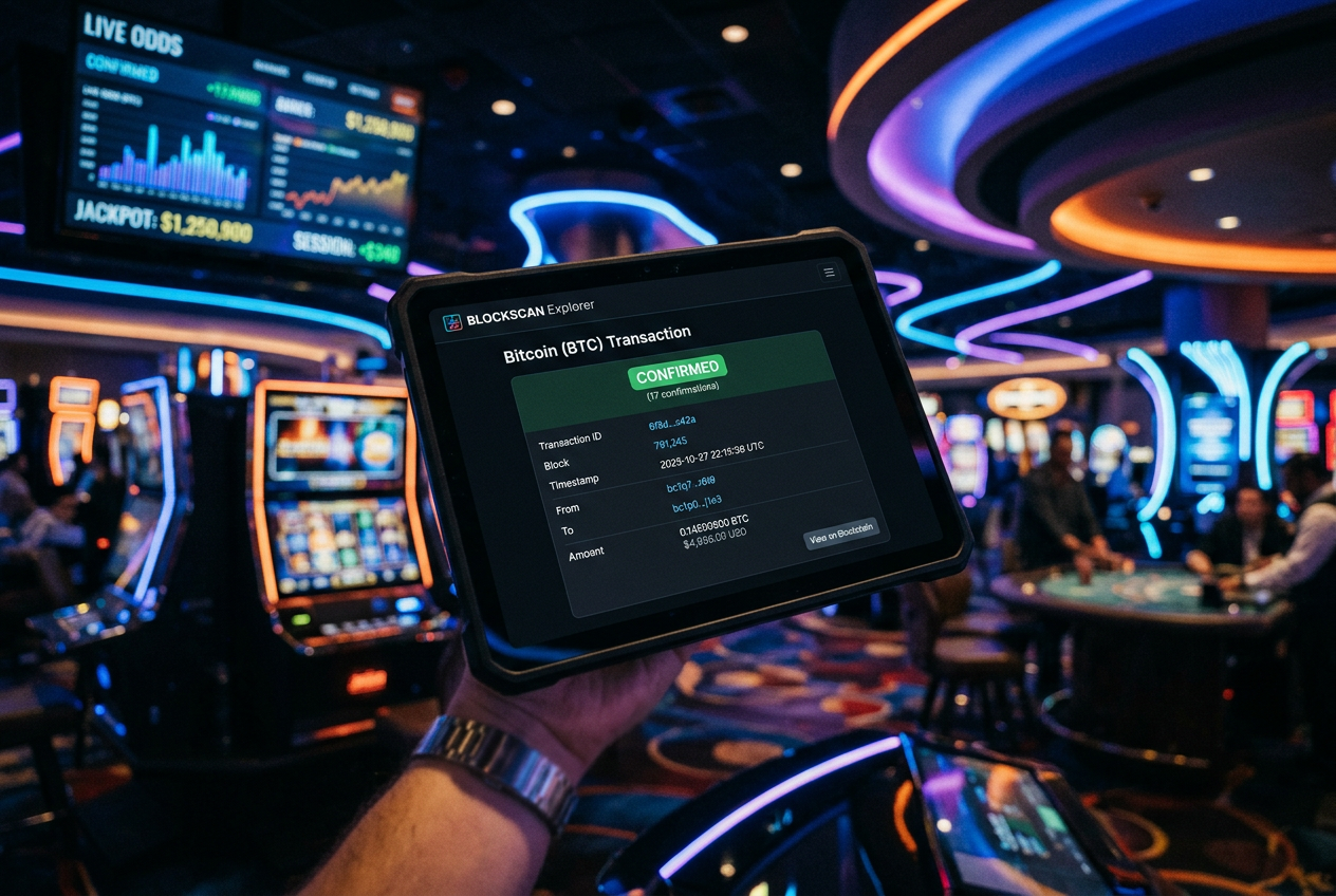 Zbliżenie na tablet wyświetlający transakcję krypto w eksploratorze blockchain z potwierdzonym statusem i panelem kasyna w tle