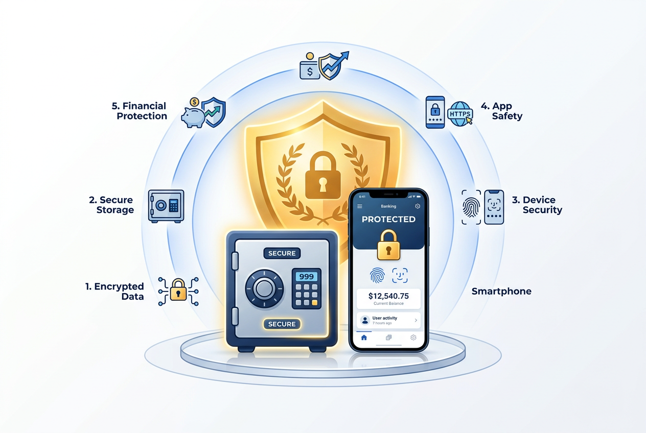 Visual metaphor of cybersecurity showing a golden lock icon over a smartphone screen and a digital bank vault door