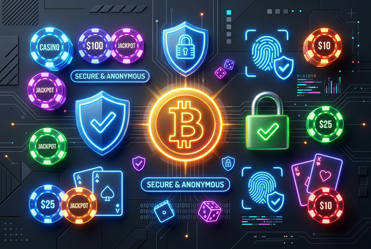 Ilustracja 3D ikon prywatności i szybkości splecionych z żetonami pokerowymi i złotym logo Bitcoin
