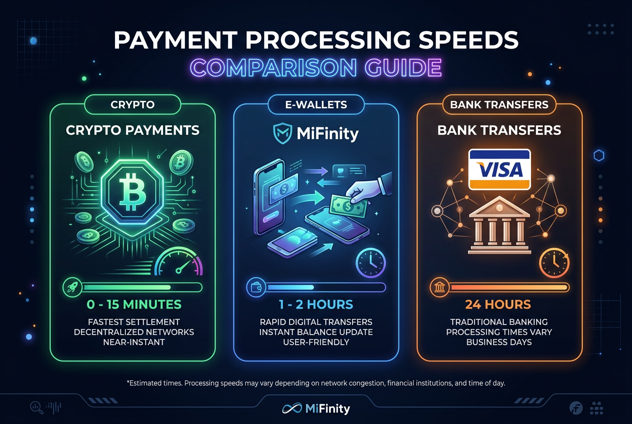 Infografika przedstawiająca szybkość procesowania płatności dla krypto, e-portfeli i przelewów bankowych w 2026 roku