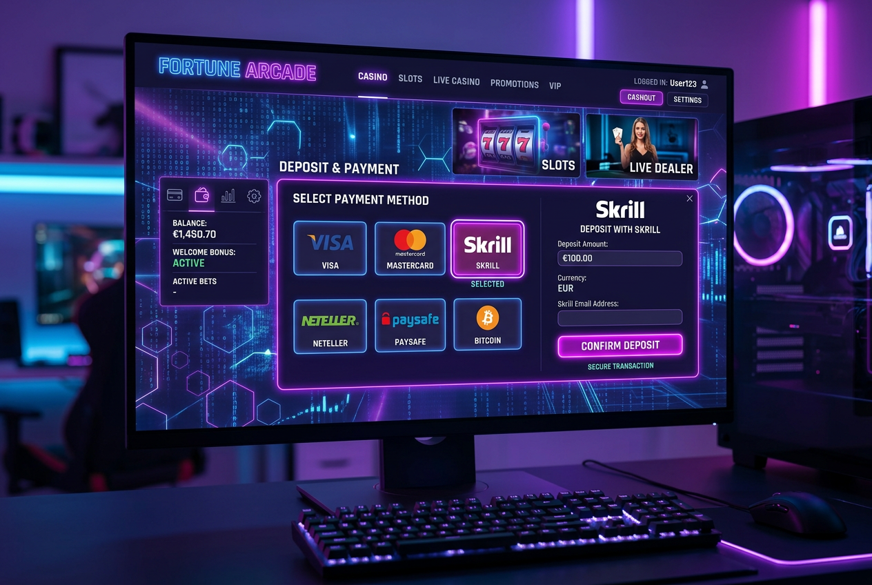 Modern online casino interface with Skrill payment method selected