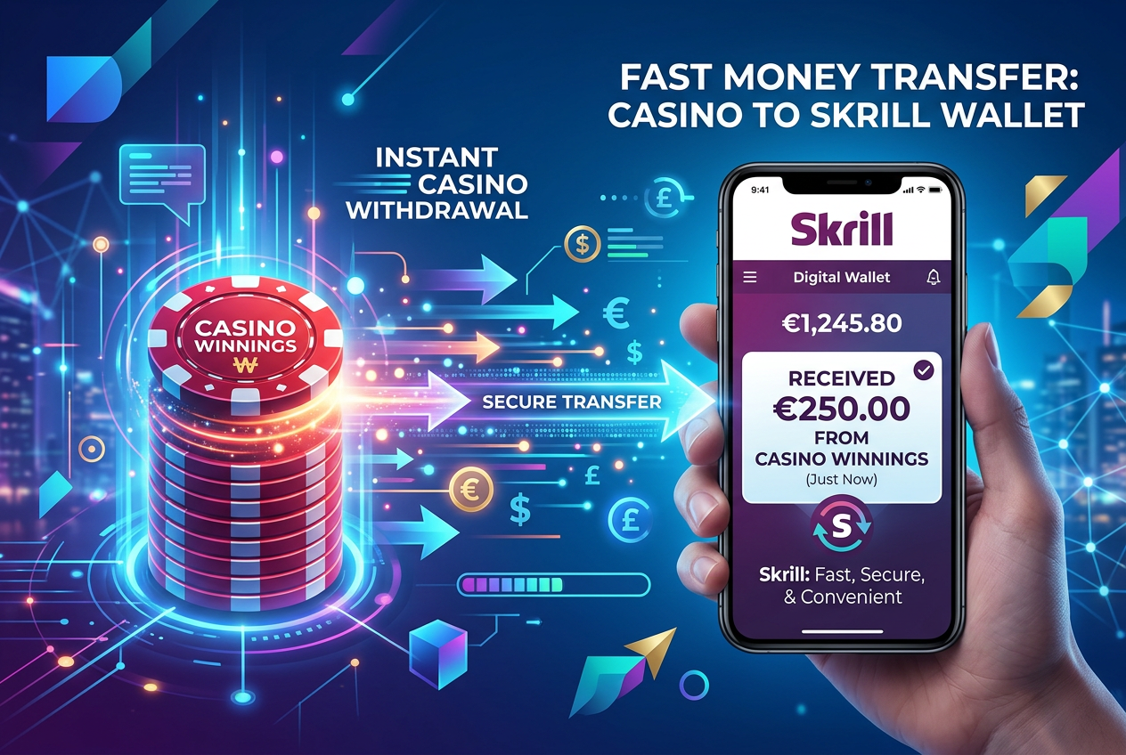 Infographic showing fast money withdrawal from casino to Skrill wallet